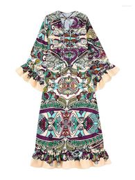 Casual Dresses YLJHQX Spring 2023 Women Fashion Print Dress Vintage Flared Sleeve V-Neck Pleated Hem Neckline Lace Up Female Midi