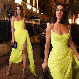 Simple Sheath Yellow Evening Dresses Long Prom Gowns Side Slit Pleat Chiffon Women Evening Dresses243w