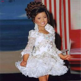 Glitz Pageant Dresses For Girls Little Girl Gowns 3 4 Sleeve Beads Crystal Rhinestone Ruffles cupcake pageant dress261I