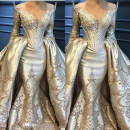 Stunning Evening Dress With Detachable Train Sheer Jewel Neck Long Sleeves Appliqued Beaded Sequins Formal Party Gown Custom Made 240W