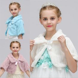 Blush Girls Winter Coat Princess Half Sleeve Bowknot Girls Faux Fur Cape Cloak Wedding Shawl Cape For Girls Tippet Kids Jacket Bir318E