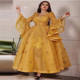 Gold Lace Appliques Formal Evening Dresses for Women 2020 Long Sleeve Back Lacing Prom Dress Long ankle length Dubai Arabic Party 253M