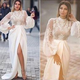 High Collar White 2019 Evening Dresses Mermaid Lace Applique Illusion Long Sleeves Formal Party Gowns Side Split Sexy Prom Dress287n