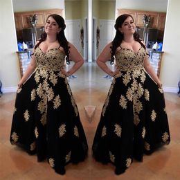 Black With Gold Lace Applique Plus size Prom Evening Dresses Special Ocassion Dresses Gowns Sweetheart A line Tulle Corset Back SD193Y