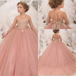 New Pink Flower Girls Dresses For Weddings Vintage Long Sleeve Sheer Neck Tulle Lace Appliques Ball Gown Girls Pageant Gowns301B
