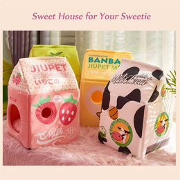 Foldable Cute Pet Cat Bed House Strawberry Banana Milk Box Cat House Winter Warm Plush Soft Cave Cat Kitten Kennel Pet Supplies 21220o