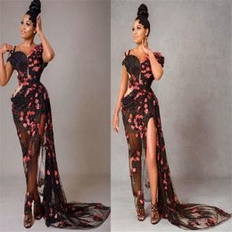 2021 Plus Size Arabic Aso Ebi Black Stylish Sexy Prom Dresses Lace Beaded High Split Formal Evening Party Second Reception Gowns Z3373