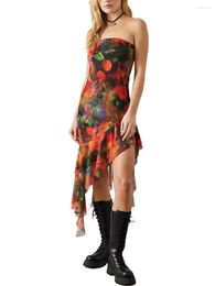 Casual Dresses Women Tube Dress Strapless Backless Tie-dye Print Irregular Ruffled Summer Clubwear Beachwear