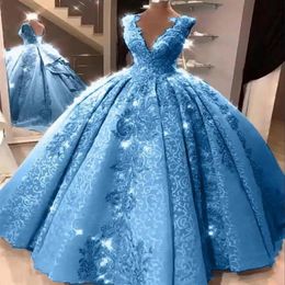 Blue Ball Gown Quinceanera Dresses V Neck Appliques Lace Prom Party Gowns for Girls 15 Years Crost Back221Q