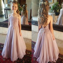 2019 Cheap Dusty Pink Beach Country Flower Girls Dresses Halter Low Backless Organza Applique Lace Little Girls Prom Party Gowns P260f