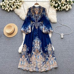 Basic Casual Dresses Women Dresses Spring 2023 Runway Fashion Paisley Print Vintage Dress V Neck Long Lantern Sleeve High Waist Long Maxi Dress