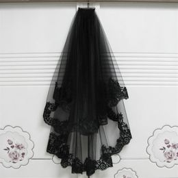 2018 unique novelty stunning lace side black silk double-layer wedding veil bridal veil halloween witch headpiece tulle veil cato244i