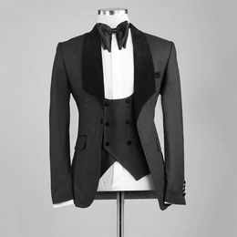 Fashion One Button Black Navy Blue White Wedding Men Suits Shawl Lapel Three Pieces Business Groom Tuxedos Jacket Pants Vest Tie302L