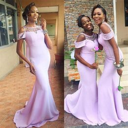 Lavender Bridesmaid Dresses African Girls Sexy Mermaid Sheer Neck Cap Sleeve Long Maid of Honour Gowns Wedding Guest Evening Prom W298g