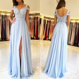 2020 Sky Blue Bridesmaid Dresses With Side Split Off The Shoulder Lace Appliques Chiffon Wedding Guest Dresses Cheap Maid Of Honor2915