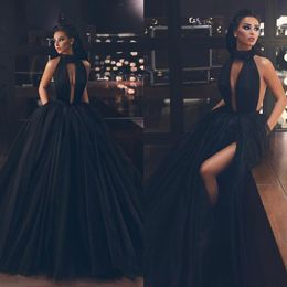 2019 Black Ball Gown Side Split Evening Dresses Deep V Neck Backless Prom Gown Tulle Sweep Train Formal Dress246Y