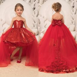 Lovely Red Ball Gown Flower Girl Dresses for Weddings Sheer Jewel Neck Lace Girls Formal Kids Wear First Communion Gowns Pageant P248t