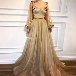 Gold Long Sleeves Gothic Prom Dresses 2019 Sheer Neck Flowers Tulle Long Sleeve Formal Evening Gowns Shiny Party Dress Robe De Mar339e