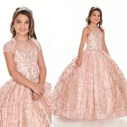 Little Rose Gold Sequined Lace Girls Pageant Dresses Crystal Beaded Pink Kids Prom Dresses Birthday Party Gowns For Little Girls W273A