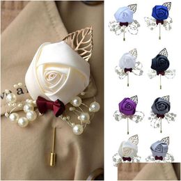 Other Festive Party Supplies Bride Groom Brooch Artificial Flower Leaf Korean Style Fabric Jewelry Cor Ceremony Pin Boutonniere Dr Dhrro