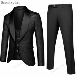 Bridalaffair Mens Wedding Suits Black Jacquard With Black Velvet Collar Smoking Tuxedo Jacket 3 Piece Groom Terno Suits For Men213K