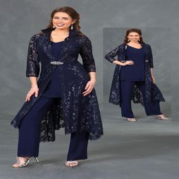 Ursula 2019 Mother Of The Bride Pant Suits 3 Pieces Dark Navy Lace Sequins Wedding Guest Dresses for Mother Grrom Formal Evening G2624