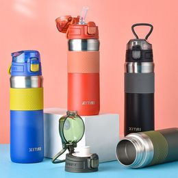 Boxes 600ml Double Stainless Steel Sport Thermos Mug with Straw Portable Vacuum Flask Travel Thermal Water Bottle Thermocup