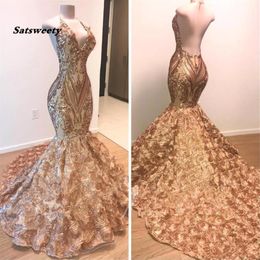 African Gold Prom Dresses Mermaid Halter V Neck 3D Flowers Sleeveless Evening Dress Long Arabic Dubai Party Gowns303h