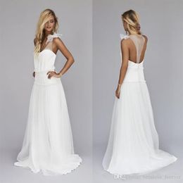 2019 Simple Beach Wedding Dresses Sheer neck Custom Made Dropped Waist Backless Long A-Line Bohemian Bridal Gowns Custom Size240W