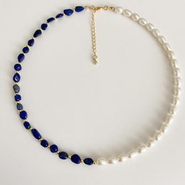 Chains Handmade Natural Stone Beads Lapis Lazuli Freshwater Pearl Necklace For Women Summer Holiday Jewelry Unique Design Drop