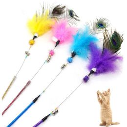 pet cat playing toys fishing rod cat teaser peacock feather toy for kitten249W