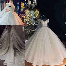 Luxury Sequined Glitter Ball Gown Wedding Dresses For Bride Sexy Off The Shoulder Dubai Arabic Princess Bridal Gowns Vintage Plus 287J