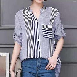 Women's Blouses Shirt For Womens Summer Short Sleeve Stand Neck T-Shirts Striped Printing Pocket Single-Breasted Cardigan Tops Women