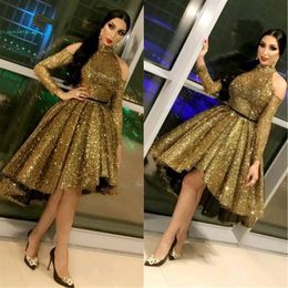 Elegant High Neck Prom Dresses Formal Gala Dress Plus Size Arabic Muslim Gold Sequined Long Sleeve Short Evening Prom Gown 20203362