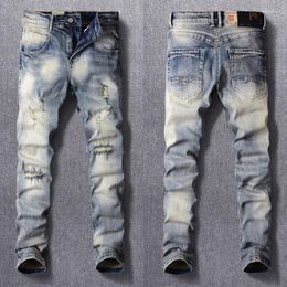 Men's Jeans Streetwear Fashion Men Retro Yellow Blue Elastic Destroyed Slim Ripped Embroidery Designer Hip Hop Denim Pants