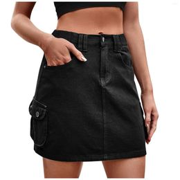 Skirts Denim For Women Trendy Summer Casual Solid Colour Washed Multi-Pocket Belt Overalls High Waisted Shorts Skirt Zevityj