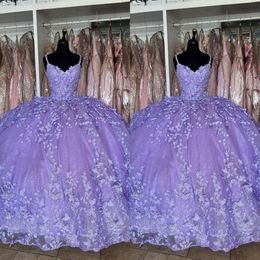 2023 Quinceanera Dresses Purple Butterfly Floral Flowers Lace Applique Spaghetti V-neck Ball Gowns Evening Formal Prom Dress Sweet301A