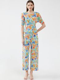 Women's Two Piece Pants Miyake Pleated Cartoon Block Printed Short Sleeve Top Long Straight Summer 2023 Korean Fashion Causal Sets
