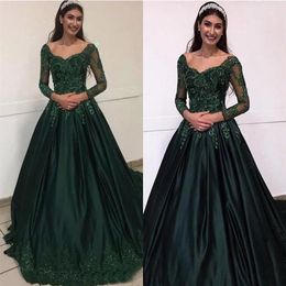 2022 Dark Green Long Sleeve Prom Dresses Quinceanera A-line Applique Beaded Satin Formal Evening Gowns Elegant Womens Special Occa228r