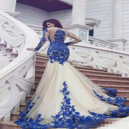 Gorgeous Royal Blue And White Mermaid Prom Dresses Illusion Long Sleeves Appliques Tulle Lace Saudi Arabic Plus Size Evening Gowns297j