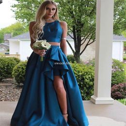 Sexy Blue Two Pieces 2020 A Line Prom Dresses Sleeveless Peplum High Split Floor Length Prom Dresses Evening Party Wear256y