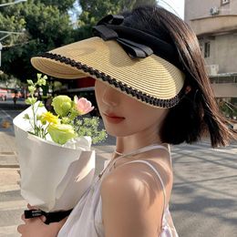 Wide Brim Hats Summer Sunshade Straw For Women Bowknot Empty Top Cap Outdoor Large UV Protection Sun Hat Lady Soft Beach Cycling Caps