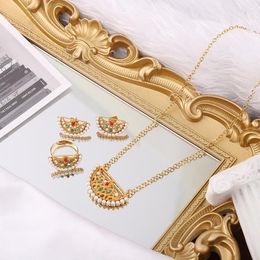 Necklace Earrings Set MANDI Factory Price Scalloped Gold Plated Jewellery For Women Pearl Natural Stone Inlaid Earring Ring Sets
