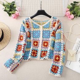 Women's Jackets Boho Retro Hollow V-Neck Knitted Sun Protection Cardigan Coat Thin Summer Lazy Loose Long-Sleeved Blouse