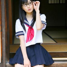 Whole-Japanese school girl uniform 3 white bar short sleeve red scarf sailor suit cosplay JK uniform clothing women280K