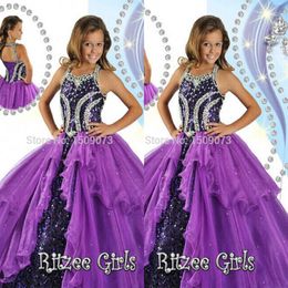 High Rated Purple Princess Girl's Pageant Dresses 2022 Halter Neck Corset Back Beads Sequin Ball Gown Glitz Girl Dresses HY11239U