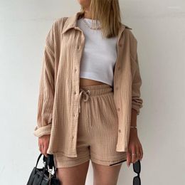 Women's Tracksuits 2 Piece Outfit Set Women Summer 2023 Wrinkled Long Sleeve Shirt & Fashion Casual High Waist Drawstring Shorts Suits