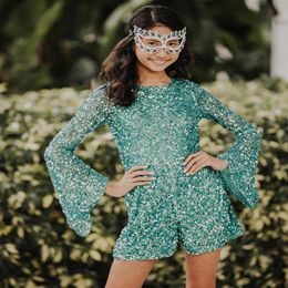 Green Girl Pageant Dress Jumpsuit 2022 Sequin Kid Bell Sleeves Romper Little Miss Birthday Formal Party Cocktail Dance Gown Toddle253G