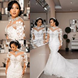 2022 Arabic Aso Ebi Luxurious Lace Beaded Crystals Wedding Dresses Sheer Neck Bridal Dresses Mermaid Wedding Gowns C0408287p