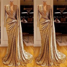 Sexy Deep V-Neck Formal Evening Gowns 2020 Design Saudi Arabic Sequins Prom Party Dress Gown Robe De Soiree Sexy Deep V-Neck Forma284d
